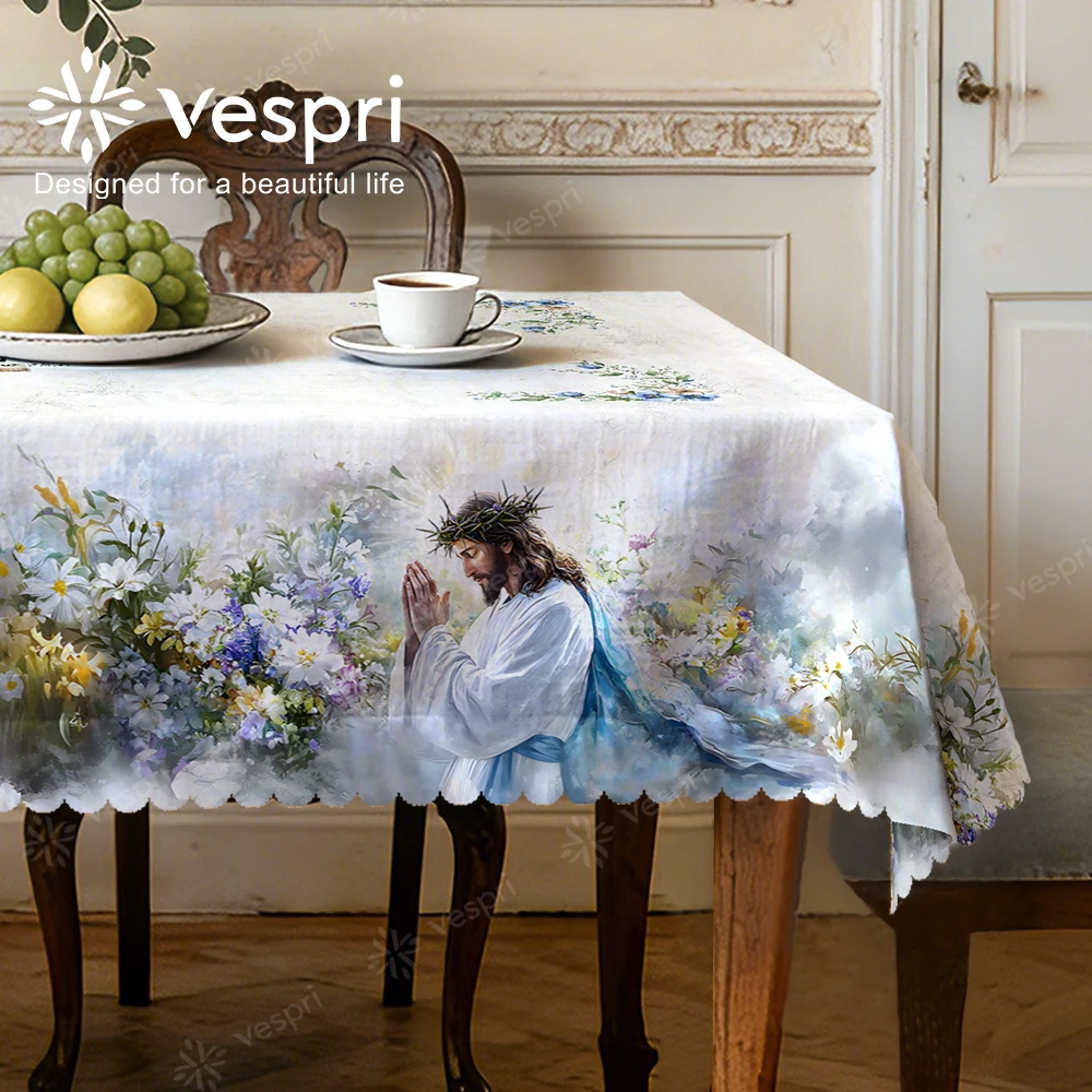 Vespri Oster-Tischdecke Dekor Weiß Blau Jesus Blumen Blätter Rund Rechteckig Oval Polyester