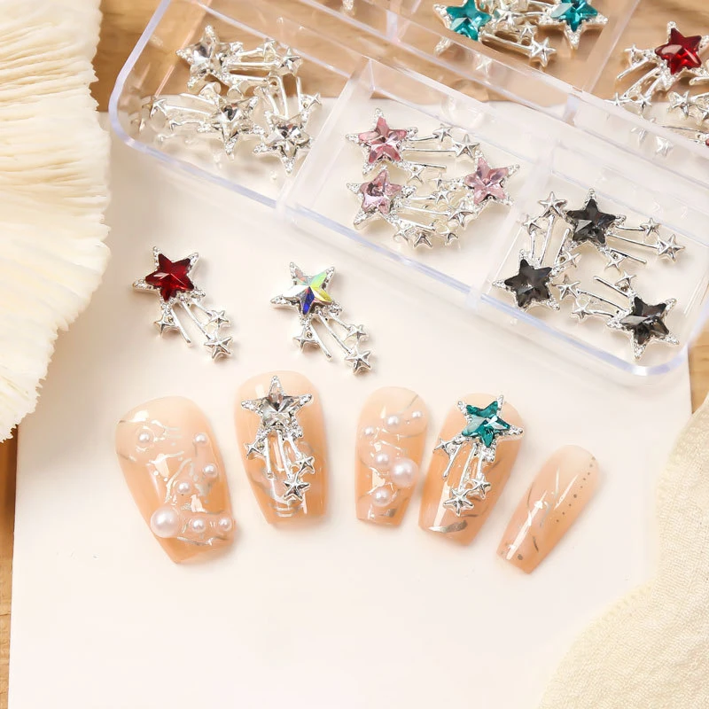 6 Grids/Box Flow Star Pendant Nail Art Jewelry Sweet Style Five-Pointed Star Alloy Nail Charm Diamond Accessories