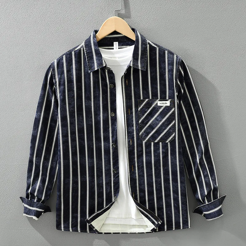 

Японская ретро-рубашка в полоску с длинными рукавами для мужчин, стильная, универсальная, в литературном стиле, повседневная и свободного кроя.