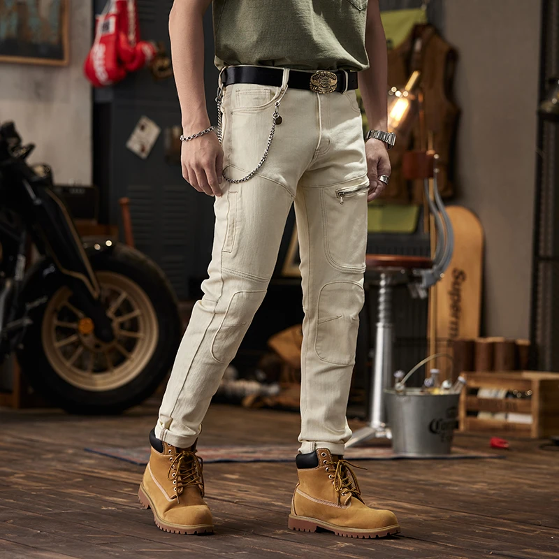High-End Washed Stitching Zipper Men's Jeans Beige Trendy Pu Handsome Motorcycle Slim Straight Stretch Feet Pants