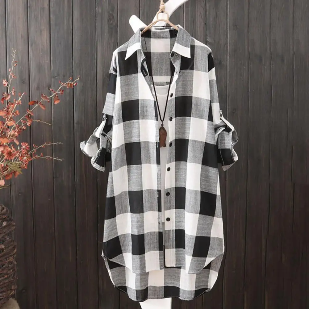 Stylish Sun Plaid Pattern Long Shirt Comfy Roll up Sleeve Buttons Closure Blouses Shirt Turn Down Collar Workwear