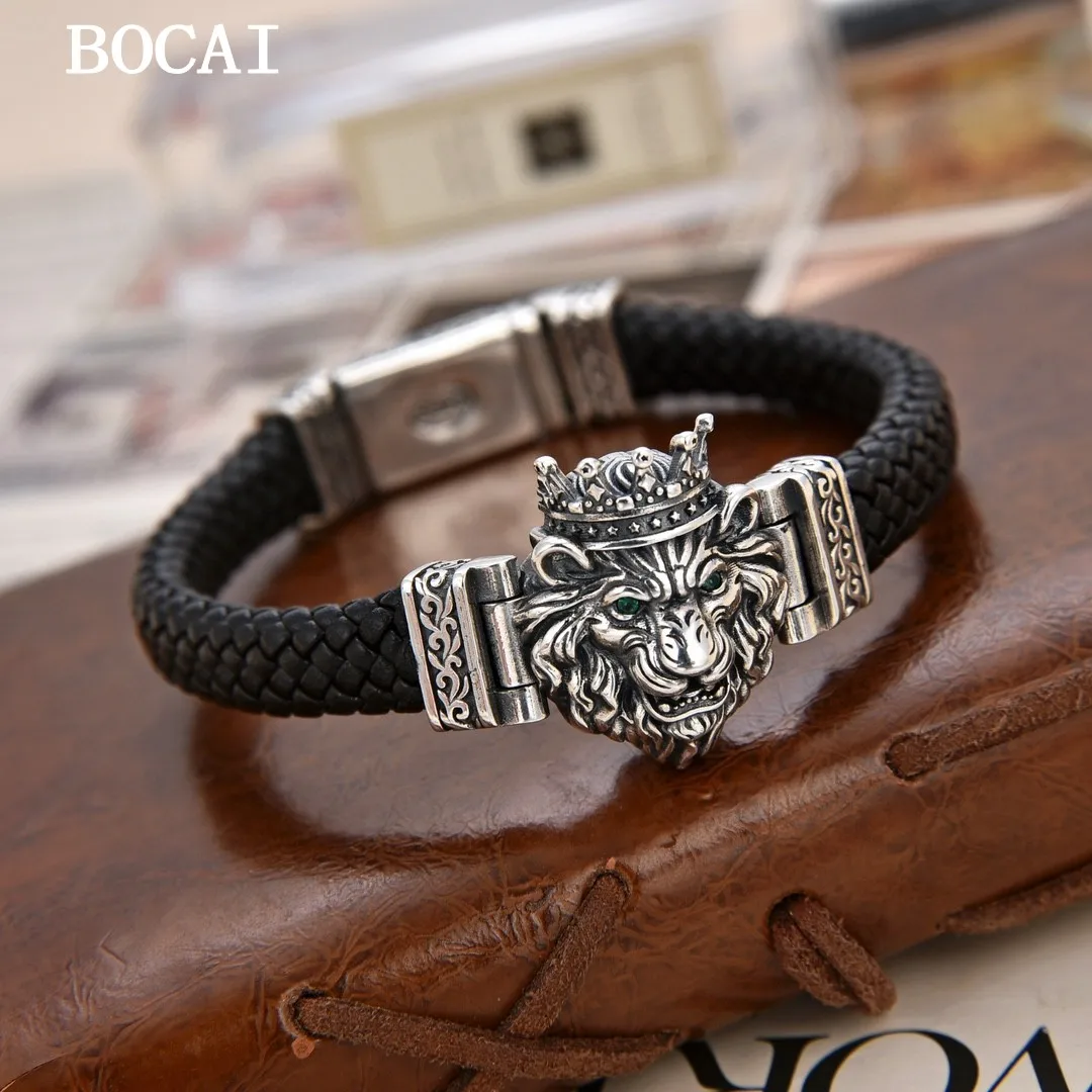 BOCAI New S925 Sterling Silver Premium Minimalist Black Lion Head Woven Leather Rope Bracelet Men's and Women's Gift