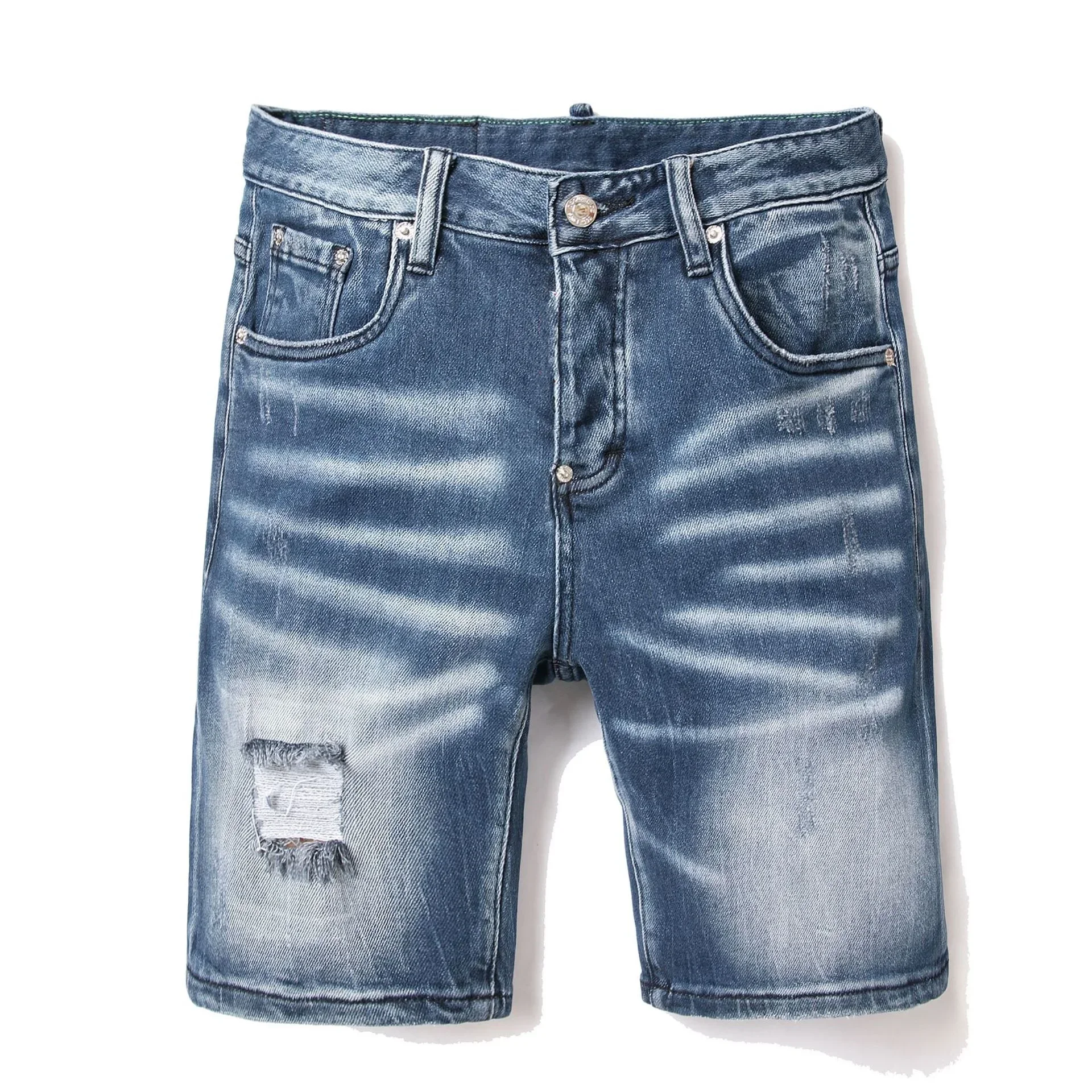 Pantalones cortos vaqueros azules ajustados elásticos para hombre, Vaqueros ajustados de calle de marca de lujo, vaqueros rasgados de alta calidad, talla 44-58, novedad de 2024