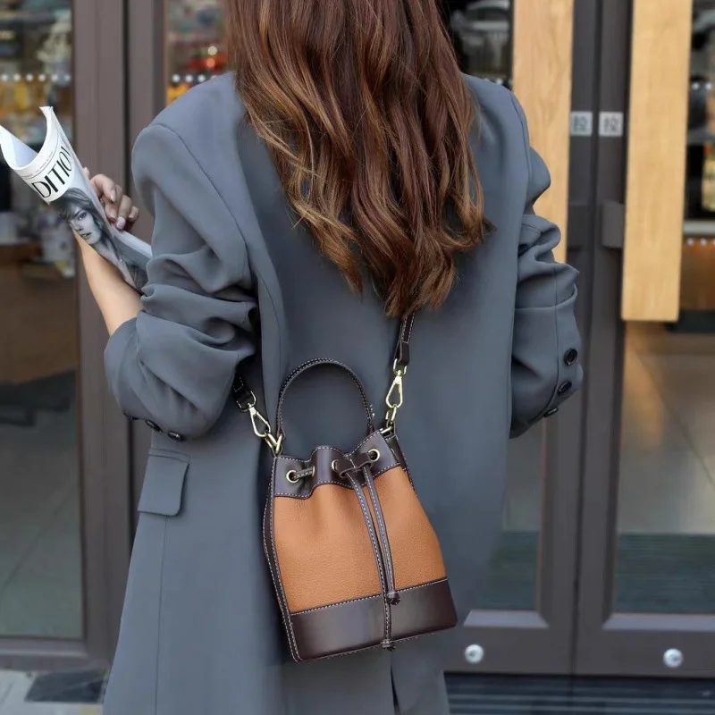 

New Genuine Leather Trendy Drawstring Handheld Bucket Bag Versatile Light Luxury Crossbody Small Bag