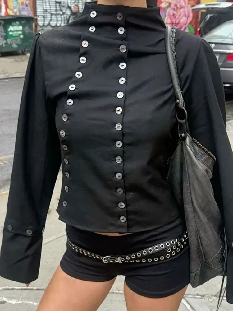 

Y2K Vintage Goth Aesthetic Women's Long Sleeve Shirt Sexy Slim Fit Chic Button-Down Solid Color Crop Tops Grunge Punk Streetwear