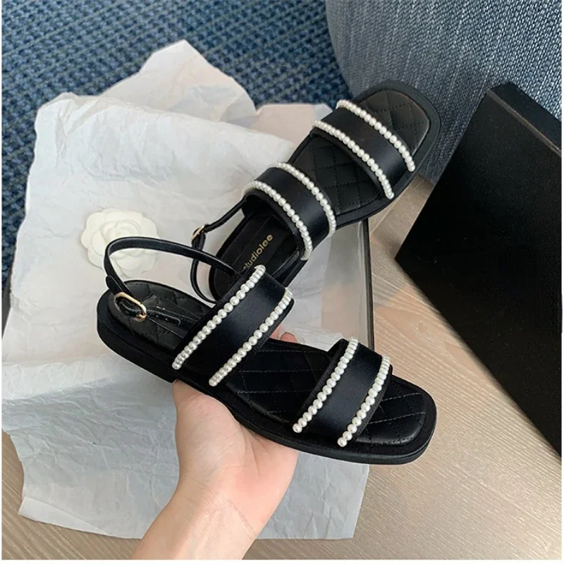 2022 Women\'s Pearl Sandals Female Ankle Buckle Flats Ladies Non Slip Summer Sandalias Mujer Peep Toe Woman Beach Footwear