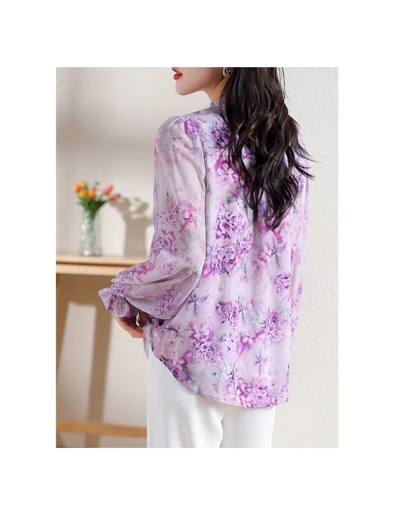 Women\'s Fashionable and Versatile Chiffon Shirt High-end and Thin Style Temperament Printed Lantern Long Sleeved Shirt