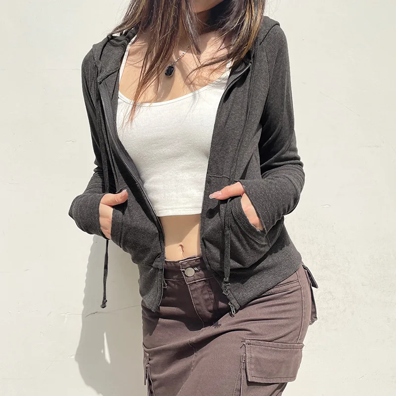 Sudadera con capucha con cordón en la cintura de Color sólido europeo americano Otoño Invierno bolsillo con cremallera chaqueta cárdigan empalmada