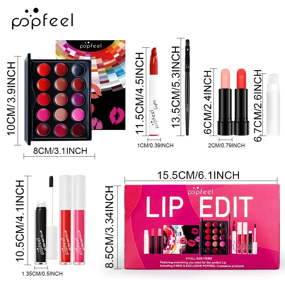 Kit Complet de Rouge à Lèvres Popfeel, Baume Jules, Maquillage, Cadeau pour Femme, Cosmétique Imperméable et Durable, Teinte Brillante, Nouveauté