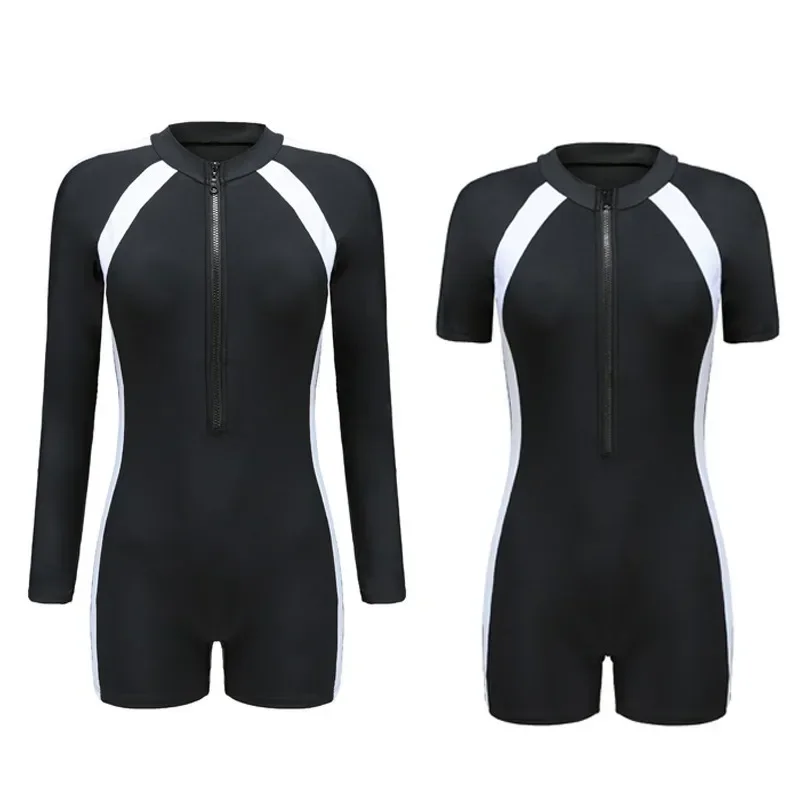 Maiô profissional feminino de uma peça, maiô preto, moda praia monocromática, estilo longo, esportes de verão, 2024