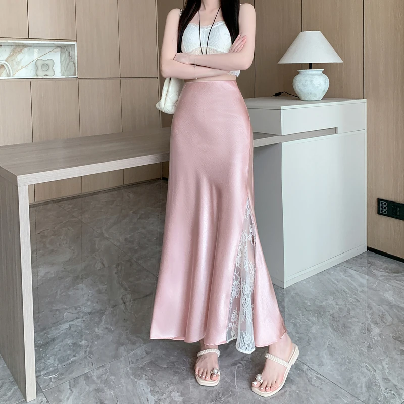 

Ladies Elegant Lace Patchwork Satin Long Skirts Women 2025 New Spring Summer Fashion High Waist Fishtail Skirt Female Maxi Skirt