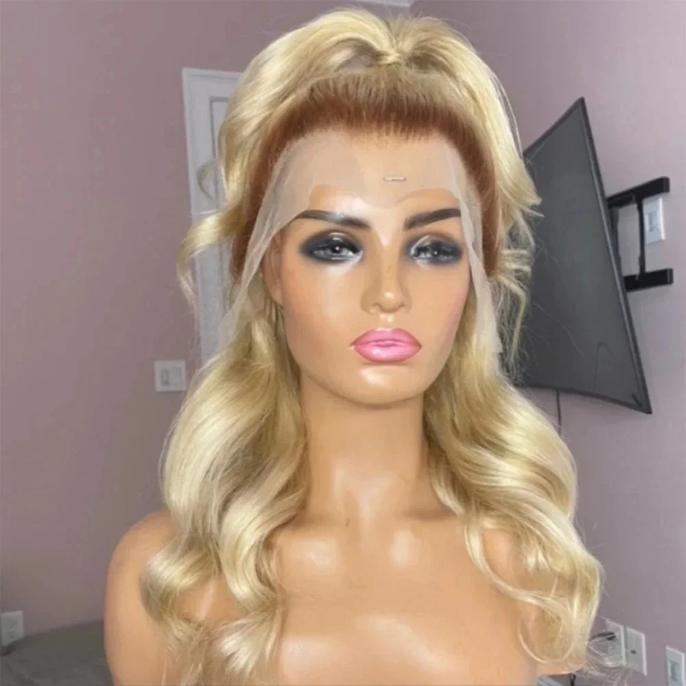 Synthetic Soft Ombre Blond Wave Wig 150 Density HD Lace Front Transparent for Women with Dark Roots