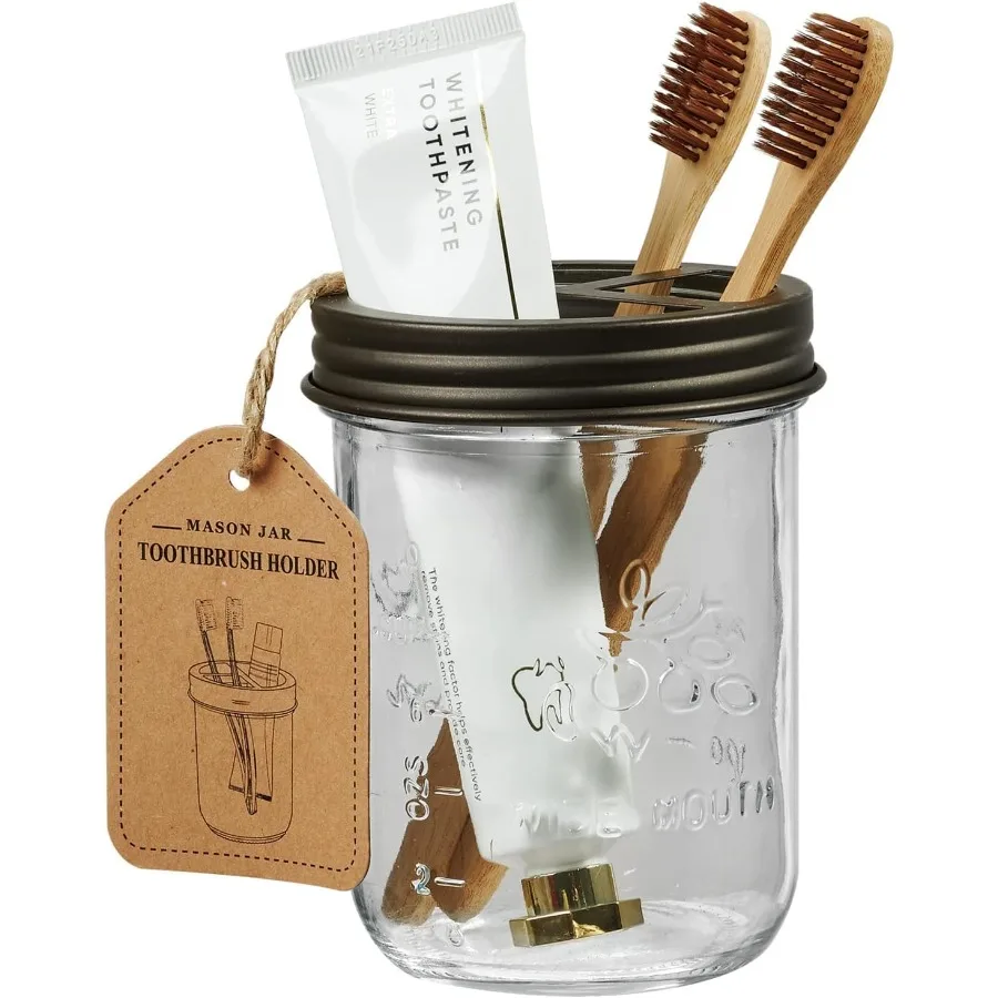 

Mason Jar Toothbrush Holder- Rustproof Stainless Steel - Holds 2 Toothbrushes and Toothpastewith Chalkboard Labels - Farmhouse