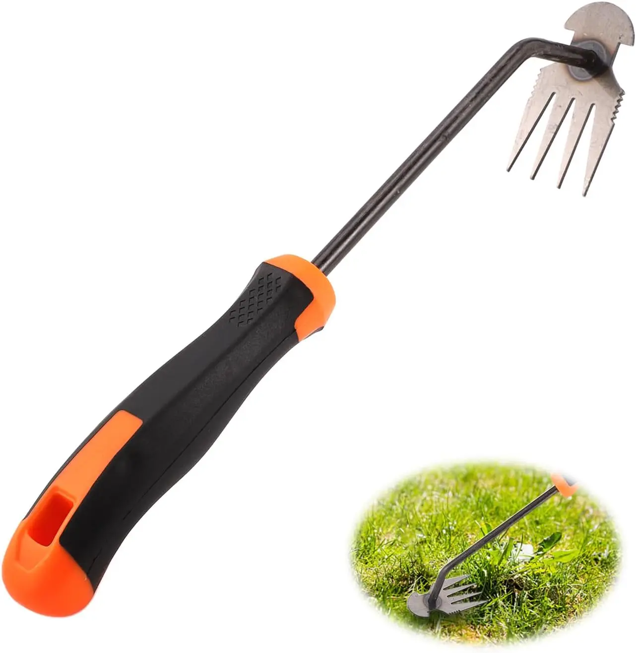 Weeding Artifact Uprooting Weeding Tool, 4 Teeth Hand Weeder Tool Stand  Dual Purpose Rake with Rubber Handle Pulling Stainless 