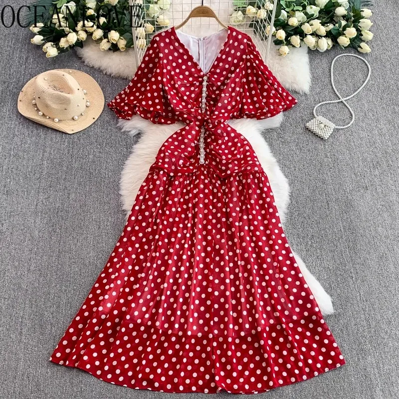 

OCEANLOVE Chiffon Dresses Women Polka Dot V Neck Spring Summer Long Dress Korean Fashion Flare Sleeve Elegant Vestidos Mujer
