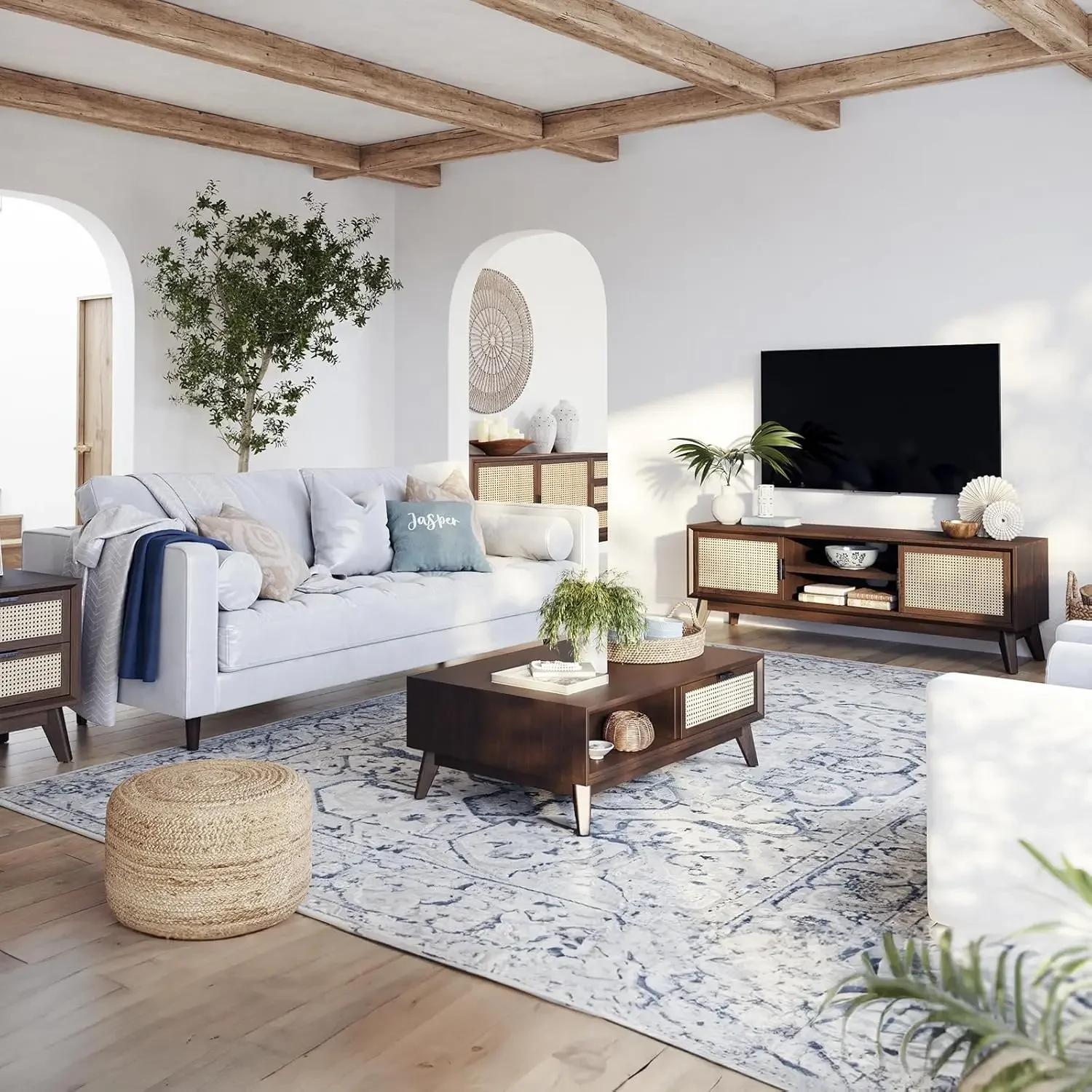 Solid Wood Jasper Coffee Table with Storage Accent Rattan Design Perfect for Living Room Walnut