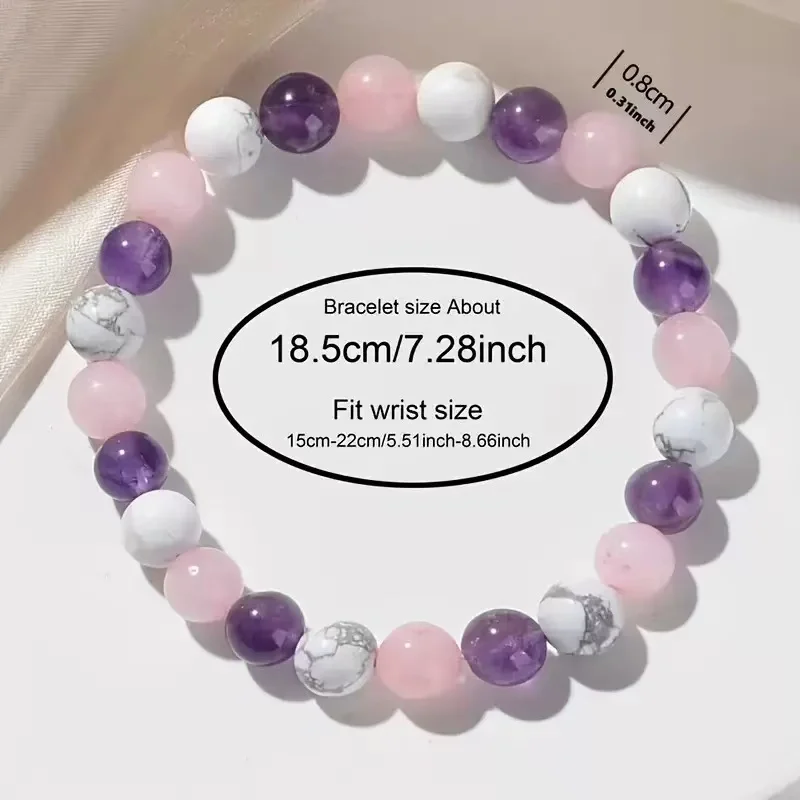 1PCS Fashionable And Simple 8mm Natural Stone Pink Bracelet - White Turquoise Amethyst Women's Bracelet Suitable For Daily Wear