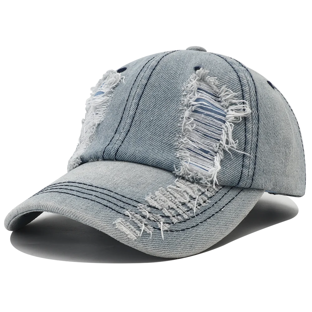 2024 New Solid Color Ripped Baseball Cap Washed Denim Snapabck Hat Hip Hop Breathable Streetwear Distressed Hats for Women Men