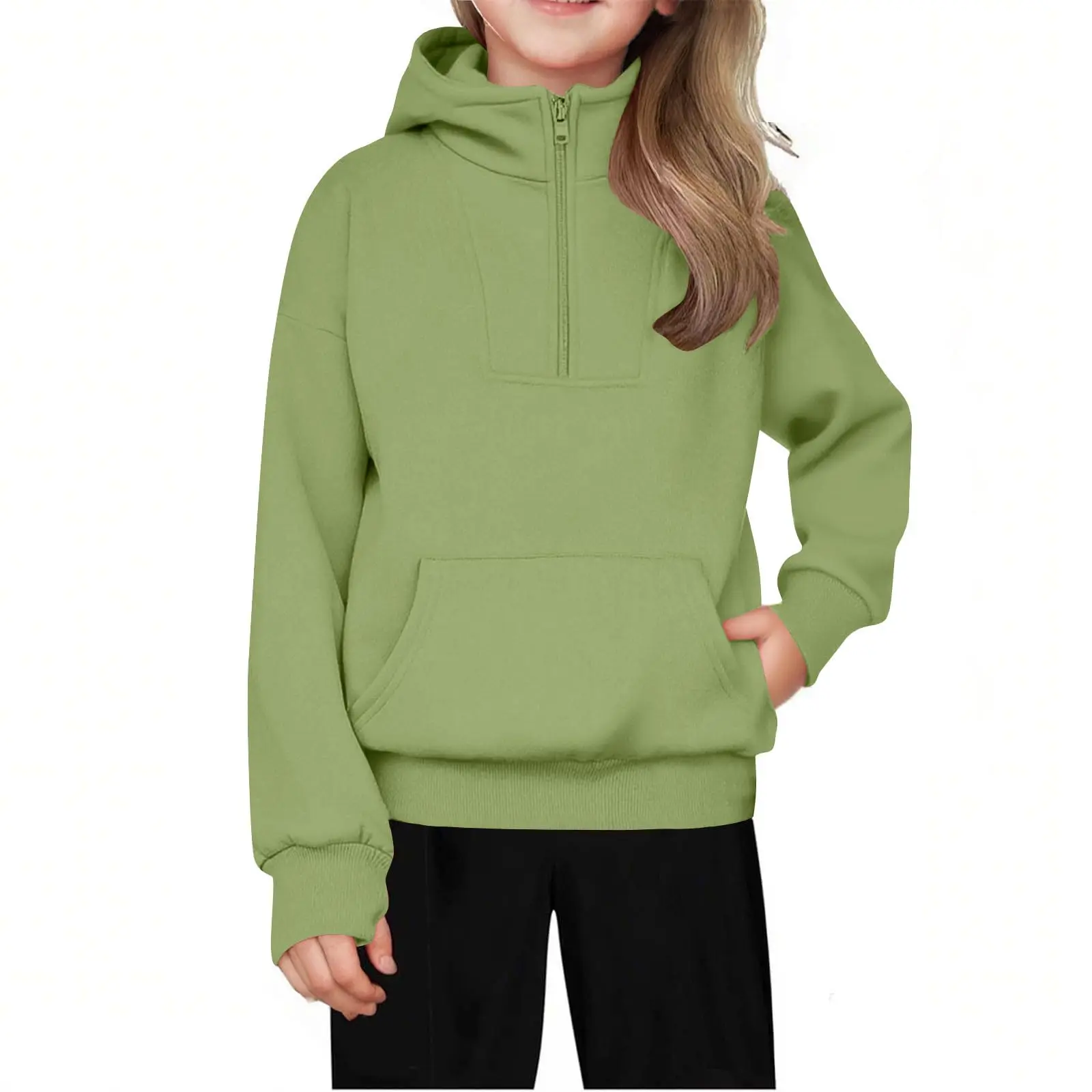 

Children's Relaxed Fit Half-Zip Hood Sweatshirt Fleece-Lined Girls' Solid Color Hooded Sweatshirts Spring Autumn Loose Hoodie