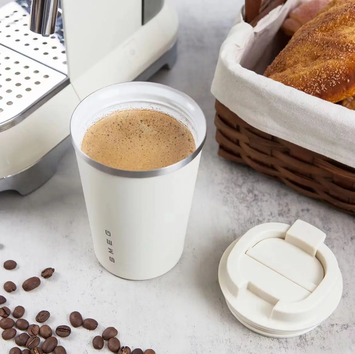 Original 350ml SMEG coffee cup with stainless steel body and ceramic inner liner. Portable Insulated Cup