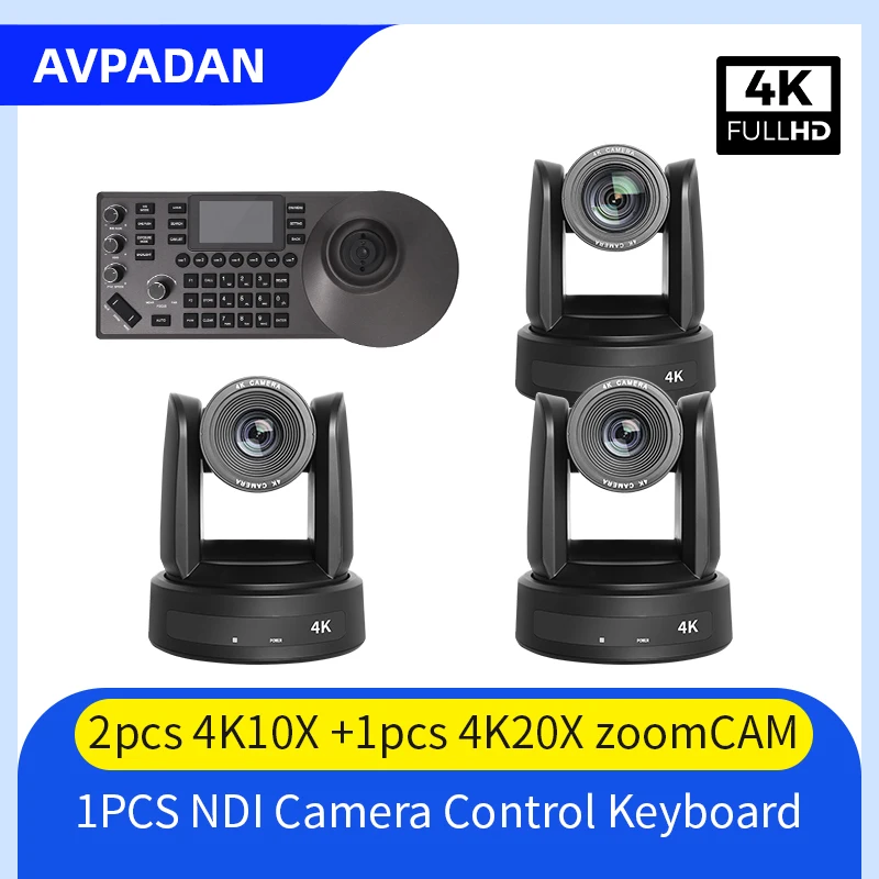 NDI Camera with NDI PTZ controller and POE Switch,  2PCS 4K10X ZOOM,and 1PCS 4K 20X Cam use for video conference live streaming