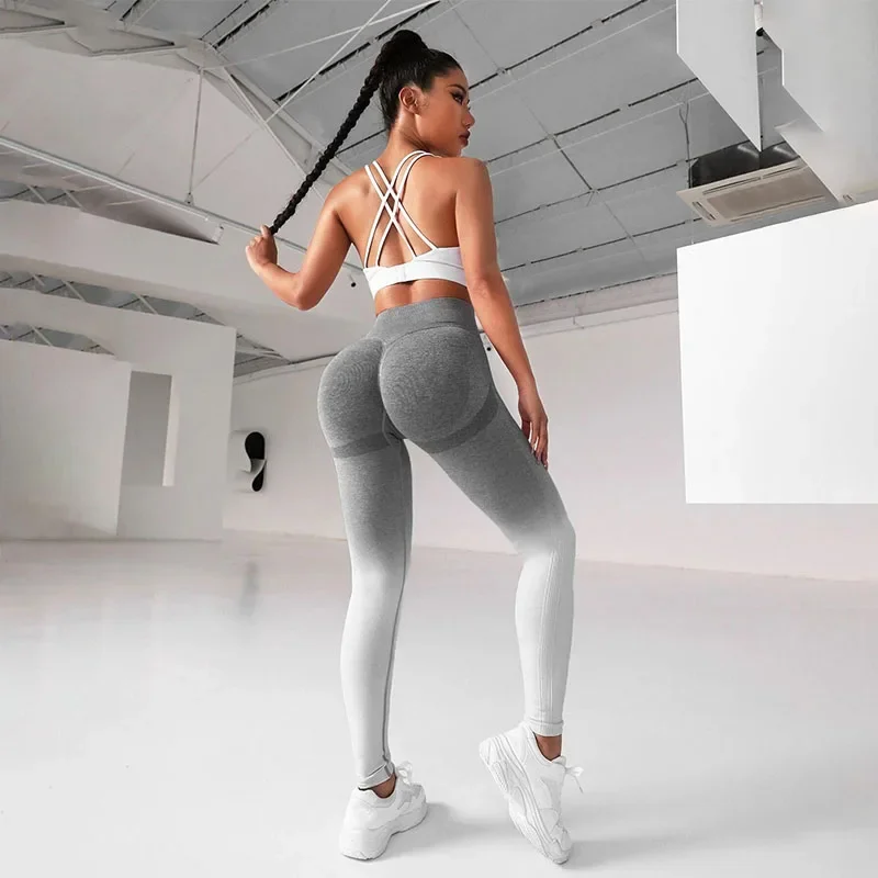 Women Gradients Seamless Leggings High Waist Leggings Slim Hip Liftting Fitness Pants High Elastic Fashion Gym Workout Tights