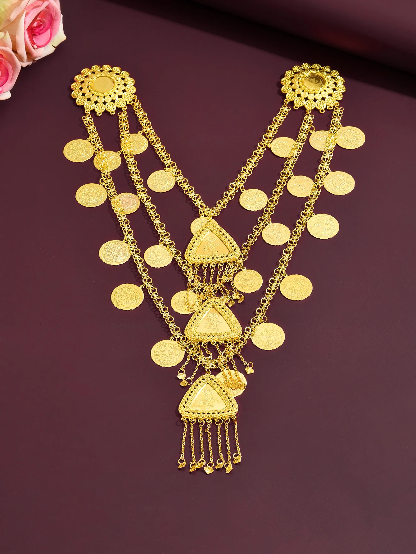 

Middle East Multi-Layer Tassel Gold Plated Necklace Heavy Work Carved Vintage Wedding Banquet Dress Accessory Two Options Availa