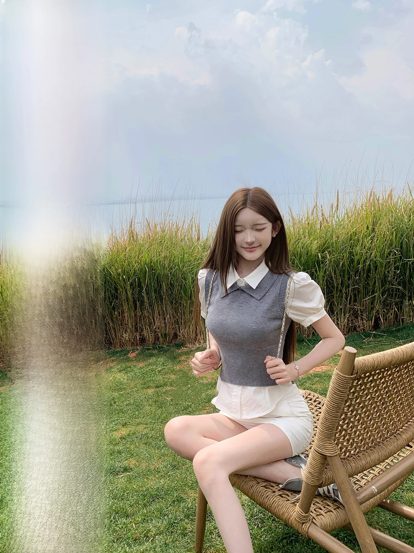 

Sister Titi Spring Bubble Sleeve Knitted Vest And Shirt Set Women's College Style Fashionable Two-Piece Suit Casual Workwear