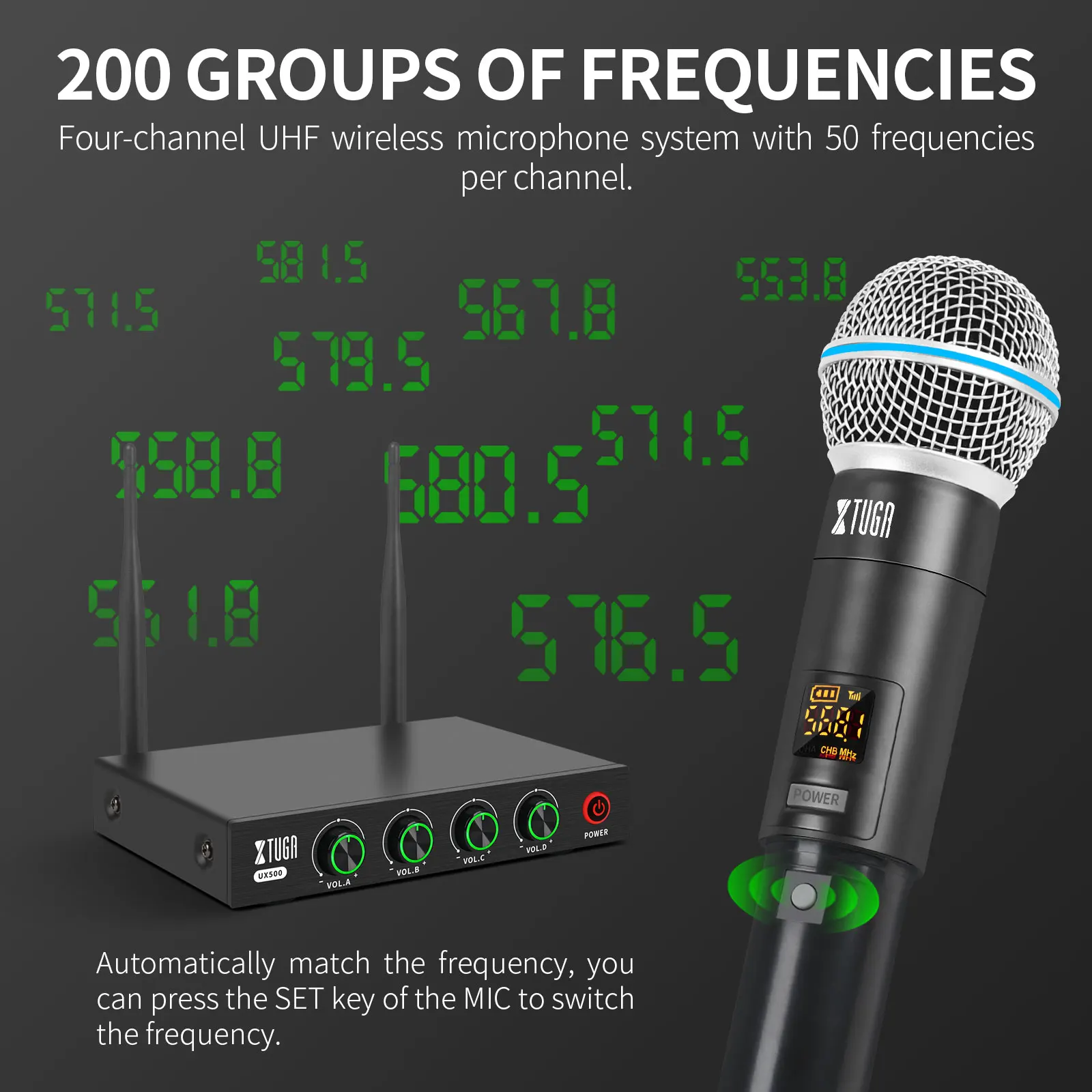 XTUGA UX500 UHF Professional Wireless Microphone Four Channel Frequency Handheld Karaoke Microphone  For Home KTV Church Wedding