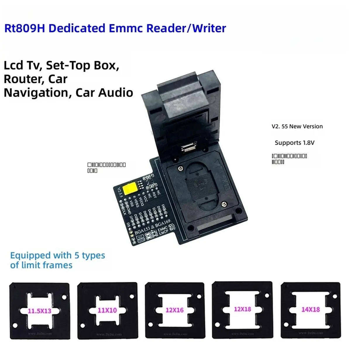 V2.55 RT809H/ Emmc Adapter Emmc Burning Seat, BGA153 BGA169 Emmc Adapter, Socket for Chip Repair and Data Programming