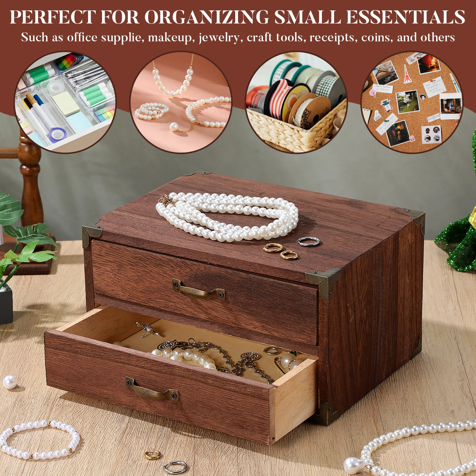 Vintage Wood Drawer Storage Box Two Drawers Desktop Organizer for Desk Home Office Stationery Makeup Accessories