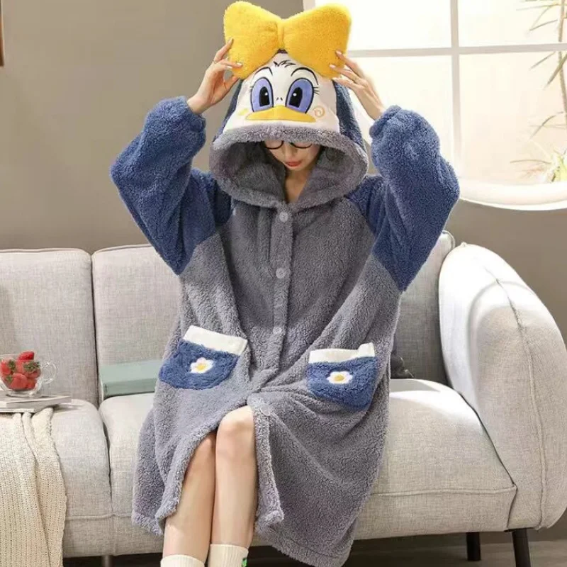 Disney Snow White Donald Duck Nightgown Winter Flannel Hooded Sleep Blouse Female Warm Cute Kawaii Thicker Chic Robes Sets