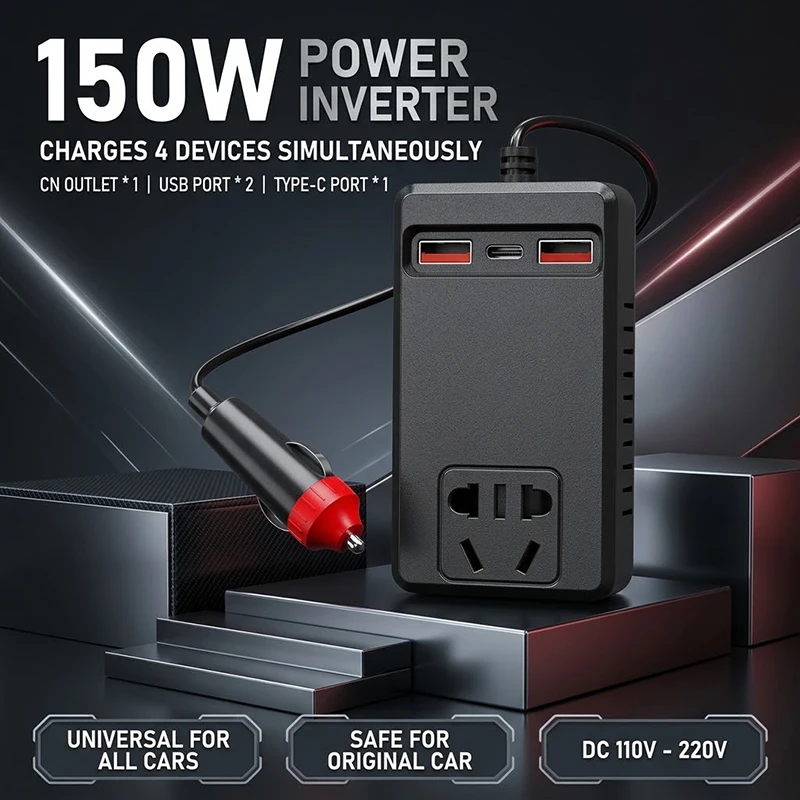 150W Car Power Inverter DC 12V to 110V AC Converter 4-Port Fast Plug Adapter with 1 AC Outlet 2 USB 1 Type-C For Phones Tablets