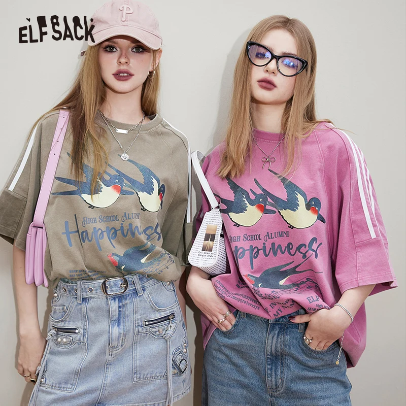 ELFSACK Retro poster printed short sleeved T-shirt for women\'s 2024 spring new college style loose fitting flesh covering top