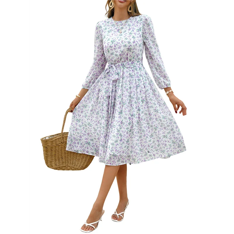 【D75C】Women 2025 Fall Casual Long Sleeve Crew Neck A-Line Flowy Floral Boho Wedding Guest Maxi Dresses