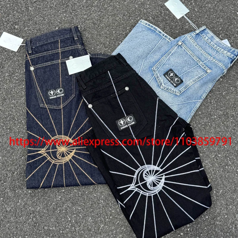 

Модные брендовые джинсы THUG CLUB в стиле ретро, повседневные прямые брюки с вышивкой, джинсовые брюки Thug Club