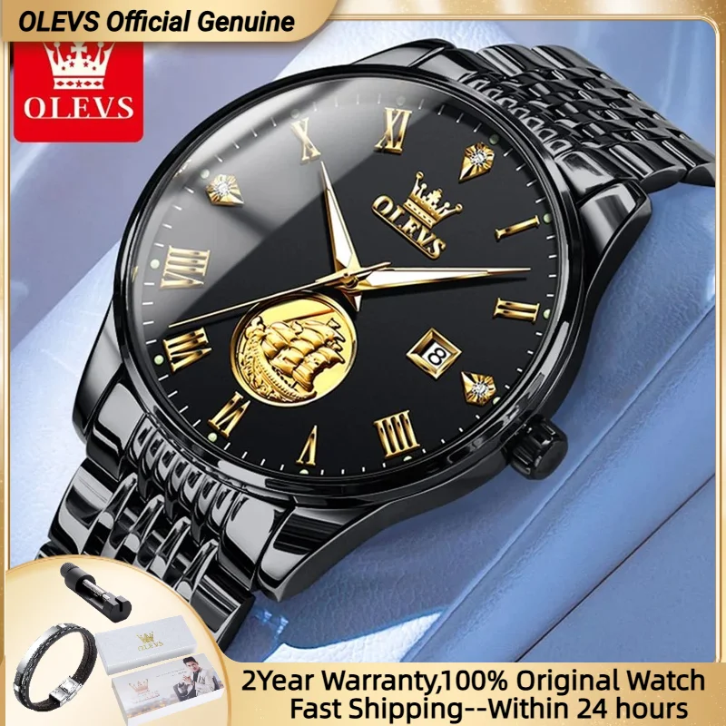 OLEVS 6696 Roman Watches for Men Black Stainless steel Waterproof Auto Date Hand Clock Business Wristwatch