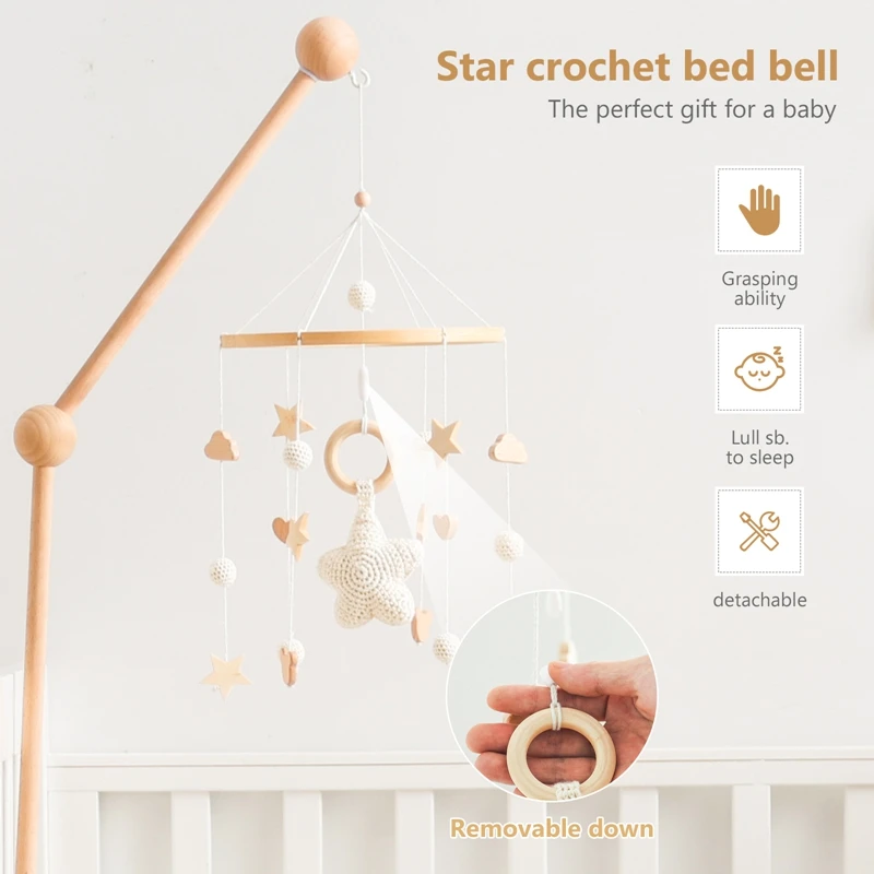 Berço do bebê cama móvel Bell, Chocalho Brinquedos, Crochet Estrelas Pingente, Conforto do recém-nascido, Bracket Pendurado Brinquedos, Presentes