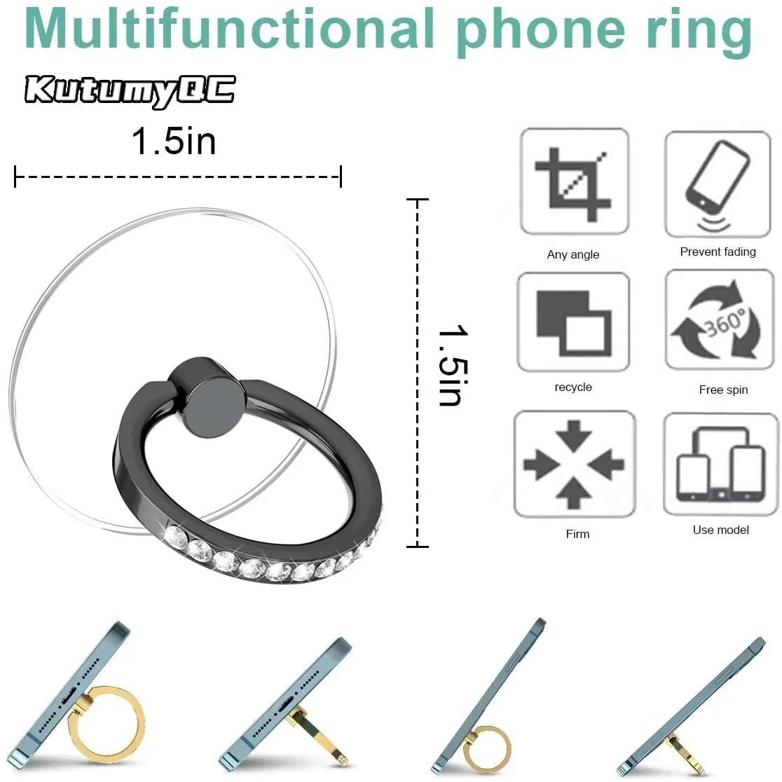 Soporte de anillo de diamante para teléfono móvil, agarre de dedo transparente, rotación de 360 °, Compatible con iPhones