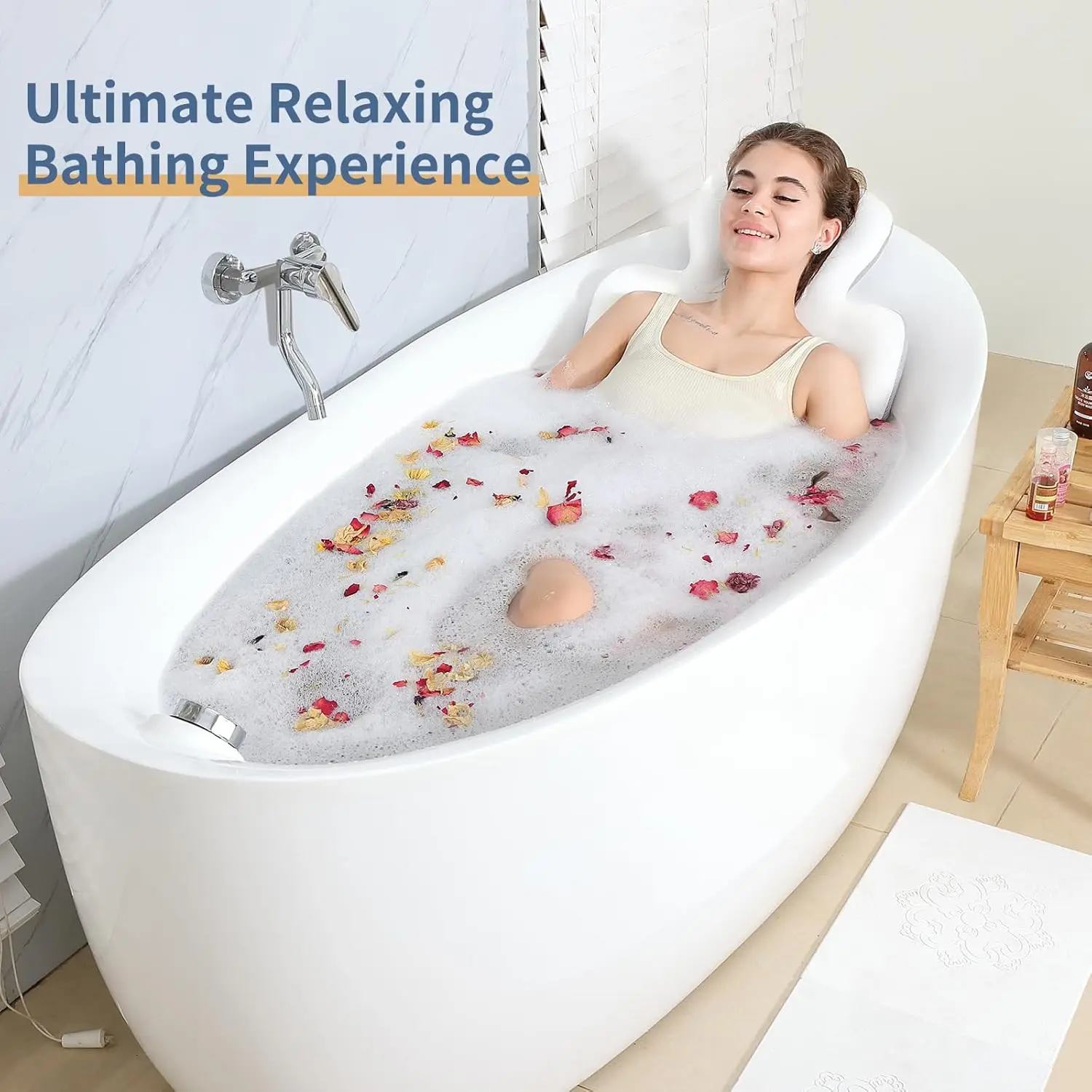 

Luxury Bath Cushion, Full Body Bathtub Pillow with 160 Suction Cups, Bath Mat for Head and Neck Support, (White, 51.2" x 16.2")