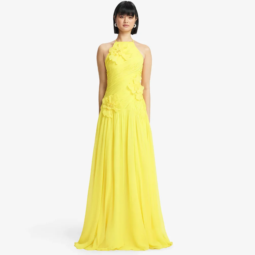 

Yellow Elegant Halter Evening Dress Customized 3D Flowers Cocktail Occasion Gowns High Quality Sleeveless Party Dress with Pleat