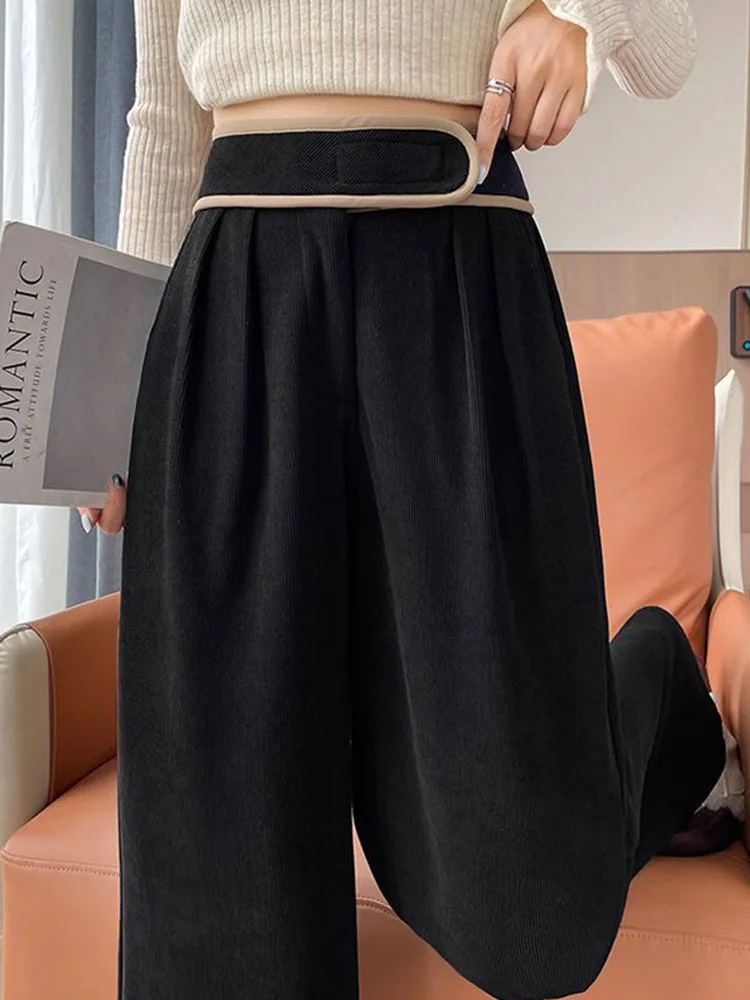 Pantalones de pierna ancha Vintage de cintura alta, Pantalones rectos coreanos a la moda, Pantalones gruesos elásticos sueltos informales para mujer, Calcas