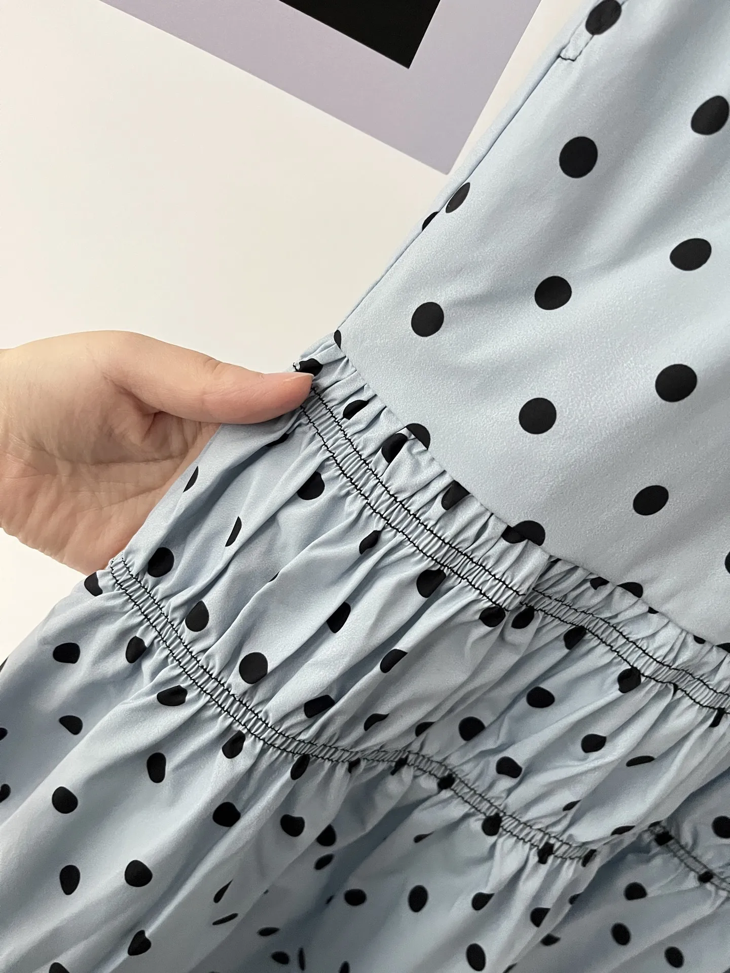 Vintage romantic fashionable pale person pleated splicing polka dot blue skirt long dress women's summer 030-0959