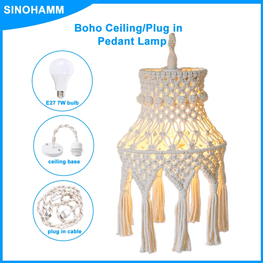 Boho Lamp Plug in Pendant Light Fixture with bulb,Plug in cord Ceiling Light Hanging Handmade Macrame nordic Home Decor