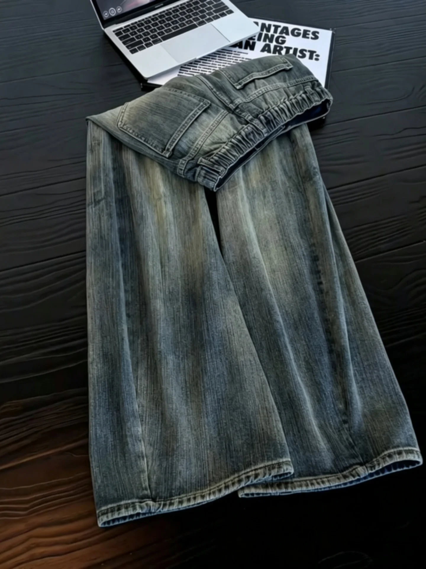 Cleanfit Vintage Blue Bamboo Knot Pattern Men's Straight Leg Jeans American High Street Structure Splicing Wide Leg Pants