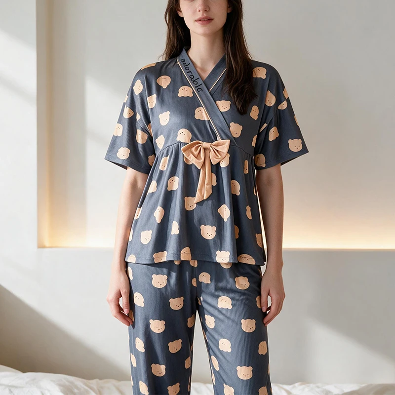 Conjunto de 3 Piezas de Pijama de Oso de Dibujos Animados para Otoño e Invierno, Ropa de Dormir Suave y Linda con Lazo para Mujer, Ropa de Casa para Estudiantes, Ropa de Dormir para Niñas, Brasil, Europa
