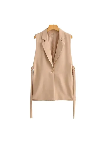 Imagen 2 del producto Moda mujer con grifos aberturas laterales chaleco Vintage sin mangas botón frontal prendas de vestir exteriores femeninas chaleco elegante Tops