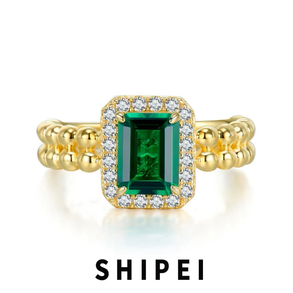 

SHIPEI Vintage 925 Sterling Silver Emerald Cut 2CT Emerald Gemstone Wedding Fine Jewelry Engagement 18K Gold Plated Women Ring