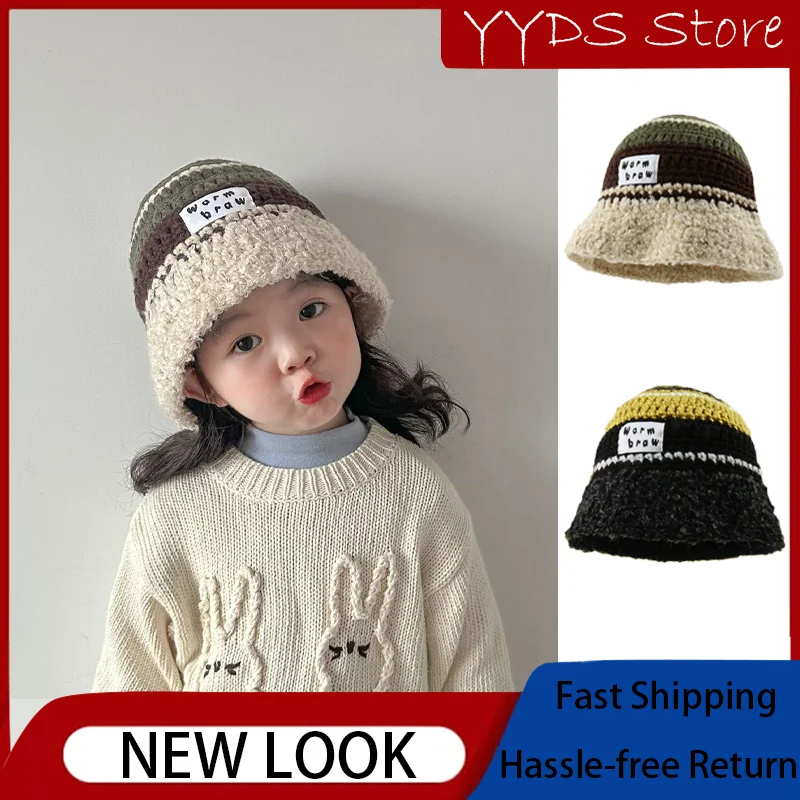 

Children's Color-blocked Winter Knitted Hats Plush Crochet Basin Hats Parent-child Letter Labeling Contrasting Bucket Hats