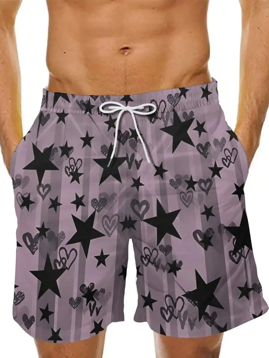 

Mens Star Heart Stripe Print Beach Shorts Purple Base Casual Summer Vacation